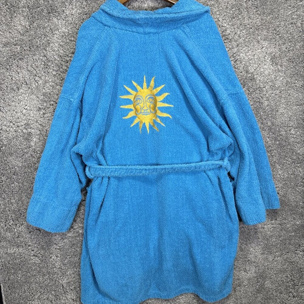 Vintage Womens Blue Sun Embroidered Terry Cloth Robe Heavyweight whimsigoth